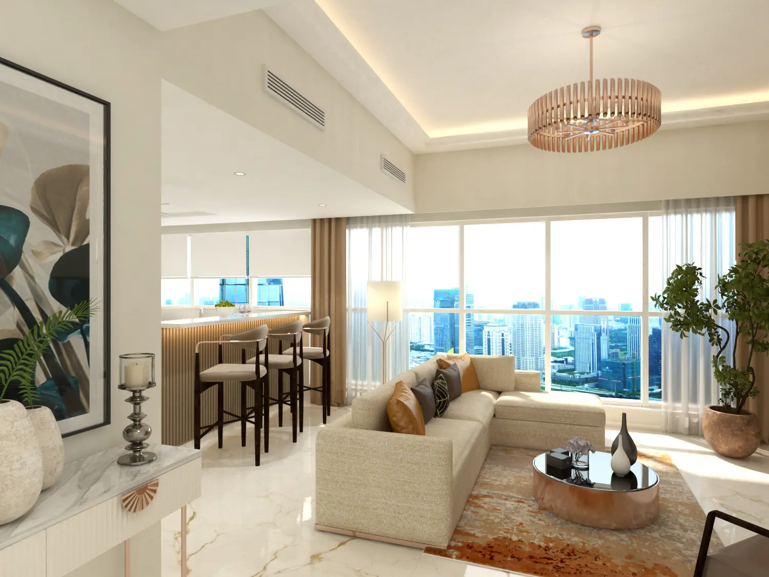 Spacious open-plan living room with walnut accents